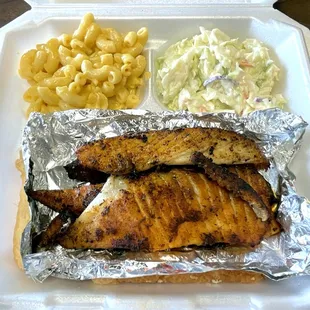 Four Piece Fish Dinner (Blackened Tilapia on Bread w/ Mac n Cheese and Cole Slaw) - Mmm!