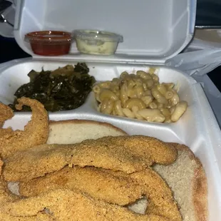 Catfish, Mac &amp; Cheese, Greens, hot sauce, tarter sauce