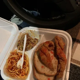 Bland ass spaghetti and mushy, red beans and rice