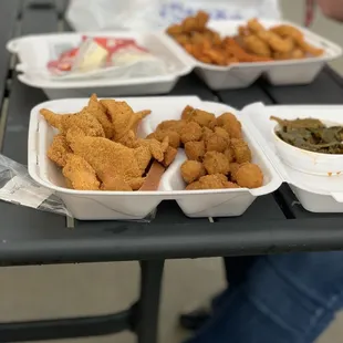 Catfish, fried okra and greens