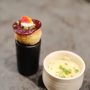 fuschka, beets, hibiscus, ginger, green coriander + egg custard, bulgur lentil, bonito &amp; pine nut foam