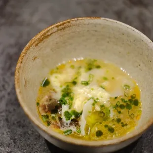 egg drop soup, preserved black truffle, mini wontons, finger limes