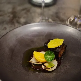 mongolian bbq beef, beetroot port purée reduction, sheep milk caramel