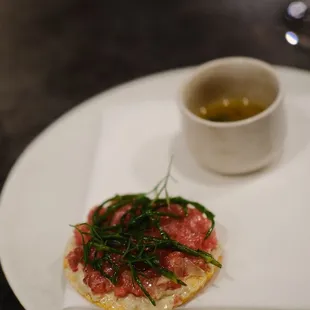 tuna tostada, wasabi onions, sea bean + yellow tin bone marrow tea