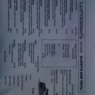 Burrito bar menu