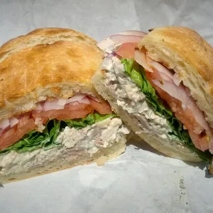 Chicken salad on ciabatta sandwich.