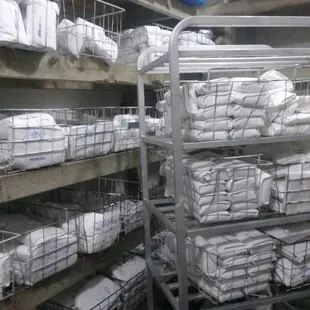 a rack full of white bags