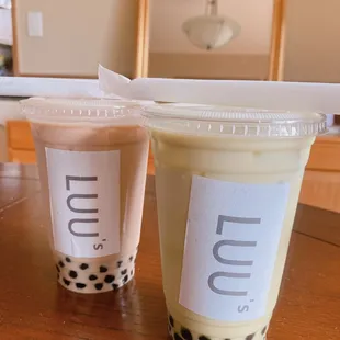 Left: lavendar milk tea Right: matcha milk tea Both with tapioca