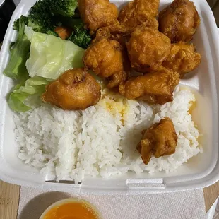Orange chicken (stays crispy with sauce on the side)