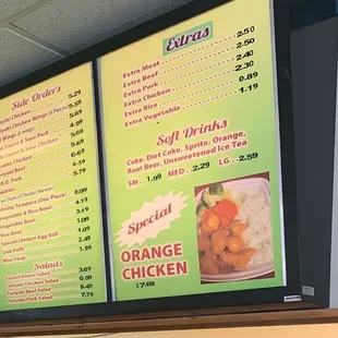 Menu with current pricing as of 7/24/2021.  Online menu on 7/24/2021 shows the chicken bowl at $3.49, but current price is $6.49