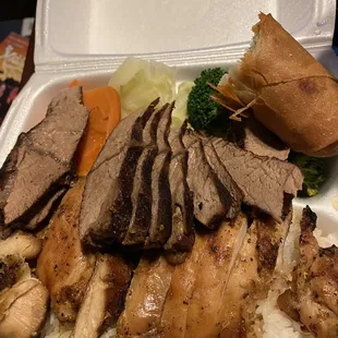 #Tres. Beef/Chicken combo with an egg roll topper.