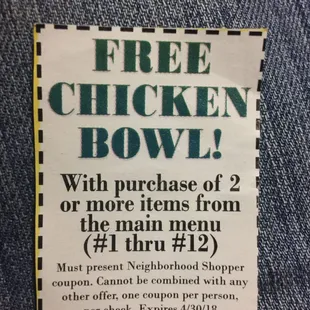 FREE CHICKEN BOWL