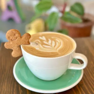 GINGERBREAD LATTE House Gingerbread Syrup, milk of choice, and with Espresso.  You can have it w/Matcha also.