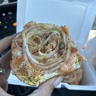 Bagel, Cream Cheese, Smoked Salmon, Red Onion, Capers, & Lemon Pepper