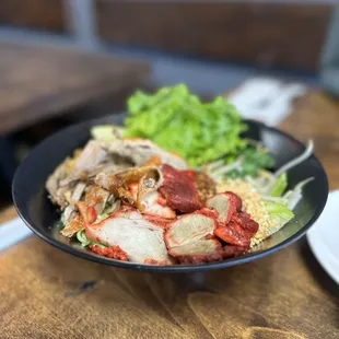 S8. Jade Noodle with 3 BBQ Pork, Crispy Pork and Roasted Duck