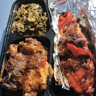 Pan seared Salmon, Jerk chicken, red beans and rice, collard greens