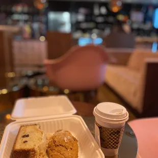 Chocolate chip strussel tea cake, cinnamon butterscotch scone and a decaf pour over coffee