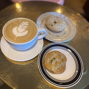 Vanilla Latte, chocolate chip donut (top of photo), chocolate chip cookie sandwich with espresso icing (bottom)