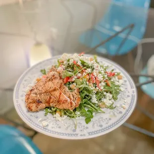 Pricey  arugula salad + chicken ($9 to add chicken)