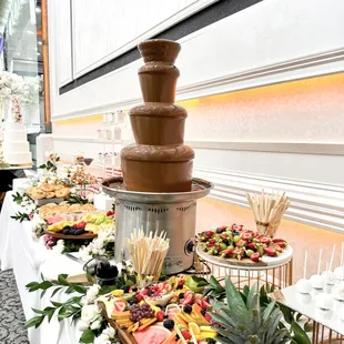 Chocolate fondue fountain for a wedding dessert bar
