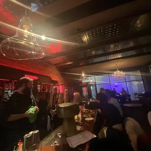 a bar with red lights