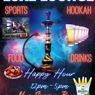 Luxe Lounge now serving Beer wine and mix cocktails. Happy Hour 12pm-5pm daily