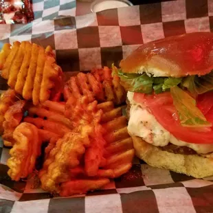 Cajun Bleu cheese burger with waffle fries