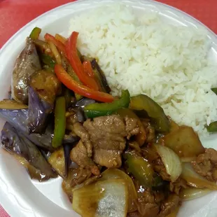 Eggplant and pepper steak -  two item lunch with white rice 5.65