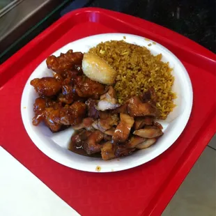 2-entree lunch, bourbon chicken and General Tso&apos;s, with rice.