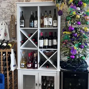 a wine rack with bottles of wine