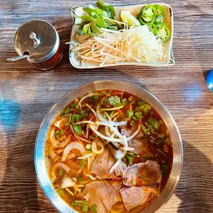 Bun Bo Hue. Hue Spicy Beef Noodle Soup. Even though there was no pork blood I was satisfied with the soup and noodles.