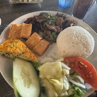 16. Charbroiled Pork, Bean Curb Skin Wrap Skin Paste and Baked Egg with Rice