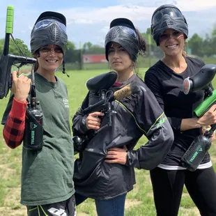 The girls playing paintball!