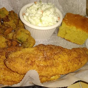 I had the fried catfish with fried okra and cold slaw. , The catfish was fried perfect and the same with the fried okra .