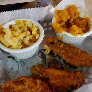 Baked macaroni and cheese and candied yams and buffalo wings...yummy