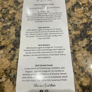 Menu reserved tasting $15