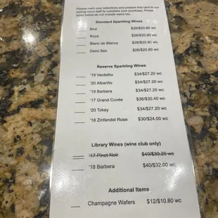 Wine listing price menu