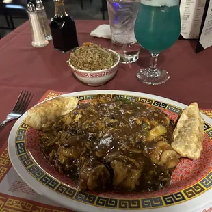 Shrimp in lobster sauce combo plate, Lychee Garden Passion tropical drink
