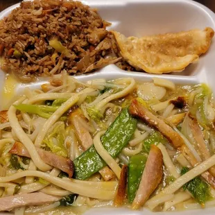 Roast pork lo mein dinner combo with fried rice and pot stickers