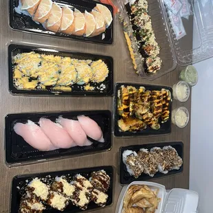 I love salmon, Mango Roll, Yellowtail Nigiri, Crunchy Tempura Shrimp, Rock and Roll, Kiss on the Fire, Teriyaki Chicken, Chicken Dumplings