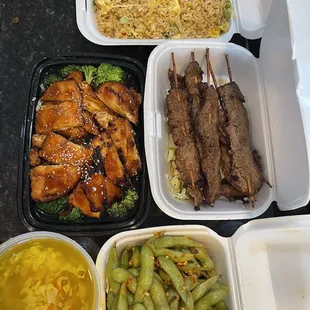 Teriyaki Chicken , S1. Edamame , Egg Drop Soup, Skewered Beef, Egg Fried Rice