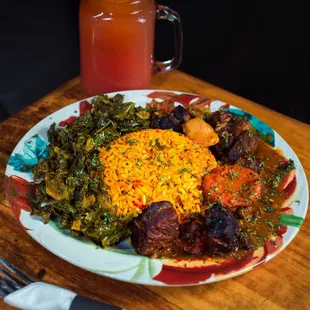 &quot;Mbuzi&quot; goat stew, jollof rice, sauteed kale