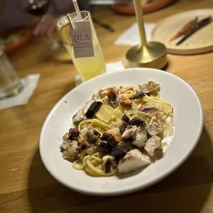 Truffle Carbonara with grilled chicken and roasted carrots ( I added the chicken and carrots)