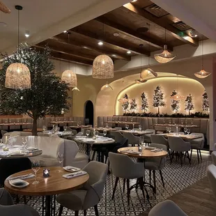 a dining room with tables and chairs