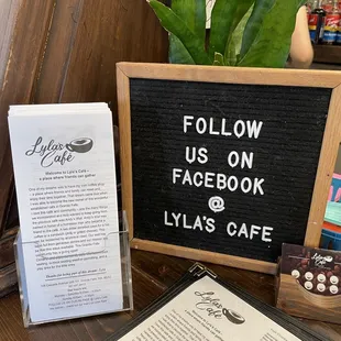 Follow on Facebook @ Lyla&apos;s Cafe