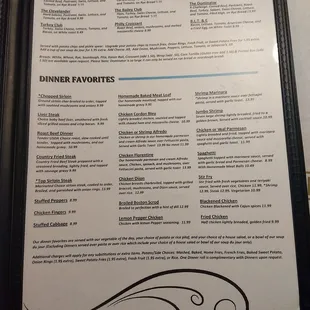 Dinner menu