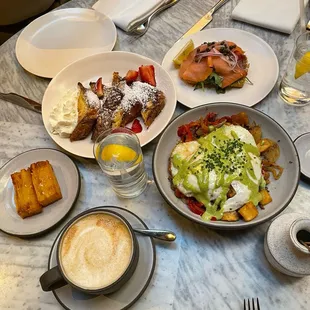 French toast, smoked salmon toast, short rib hash (sooo good), and a side of hash browns