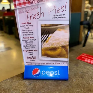 a menu for fresh pies