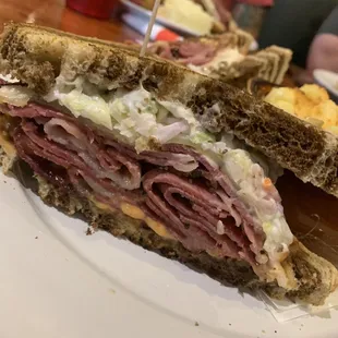 Reuben with cole slaw and sauerkraut. Amazing !!!!