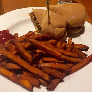Pulled pork sandwich and sweet potato fries